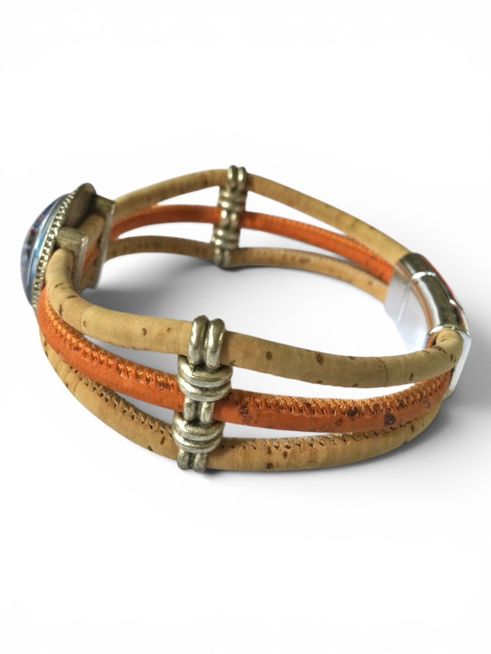 Portuguese Cork & Faux Leather Unisex Bracelet w/ Azulejo Tile Medallion - 7.25" - Picture 5 of 9